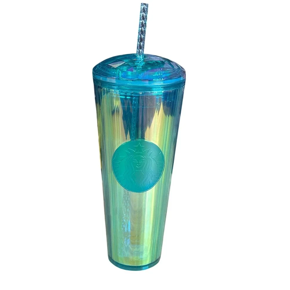 Starbucks Iridescent Teal Blue Ribbed Tumbler 24oz‎ Venti Faceted Lid Straw NEW